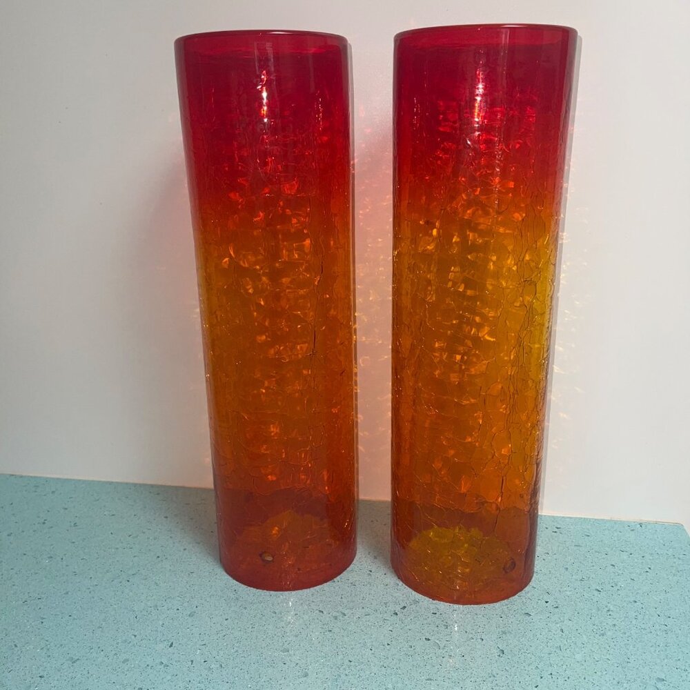 Blenko Amberina Crackle Glass Hurricane Shades Set of 2 Flaws Read